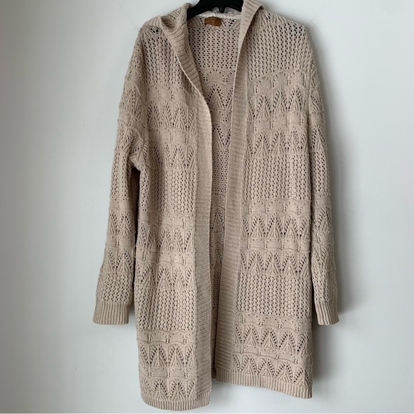 POL Crochet Knit Hooded Open Front Long Cardigan Tan Size M - Picture 1 of 8